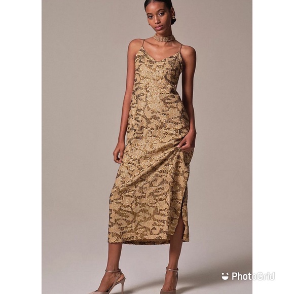 Anthropologie Gold Sequined Slip Midi Dress - NWT - Picture 3 of 13